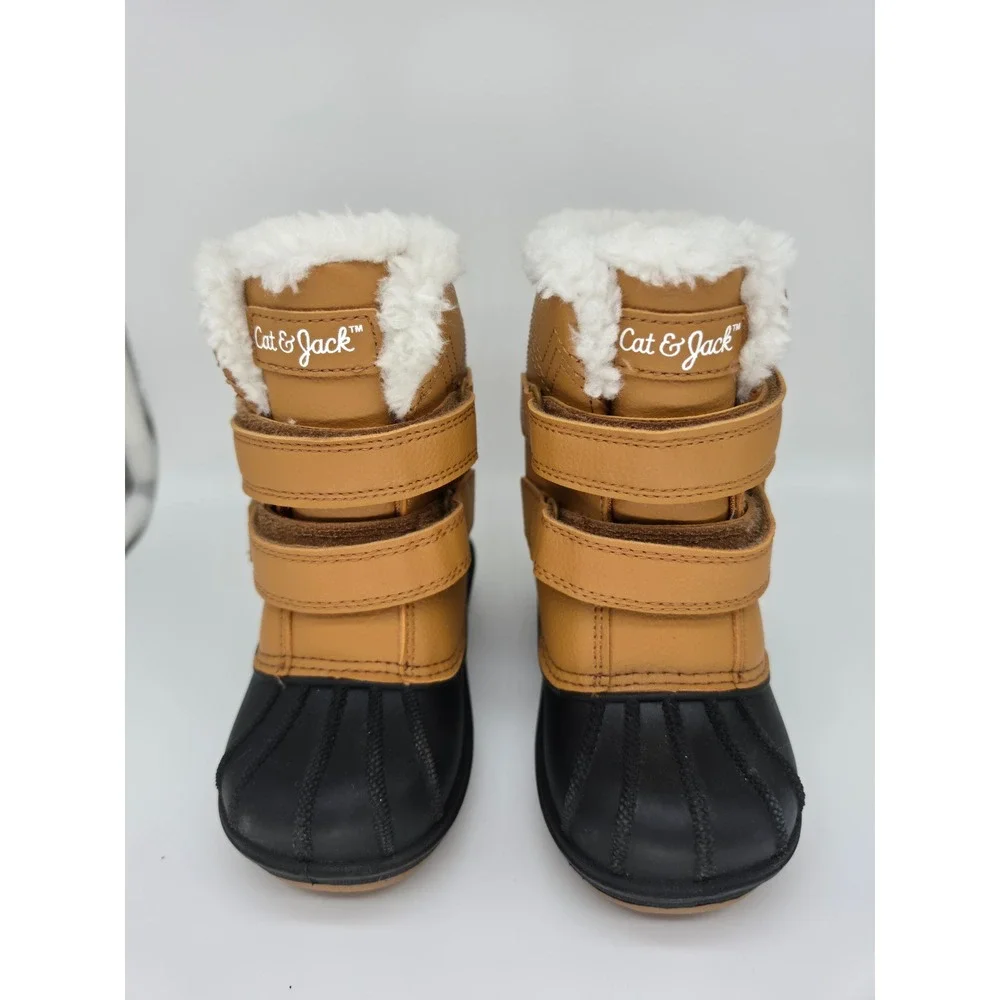 Cat & Jack Toddler Kids Tan Black Faux Fur Lined Duck Boots Size 7 Hook Loop
